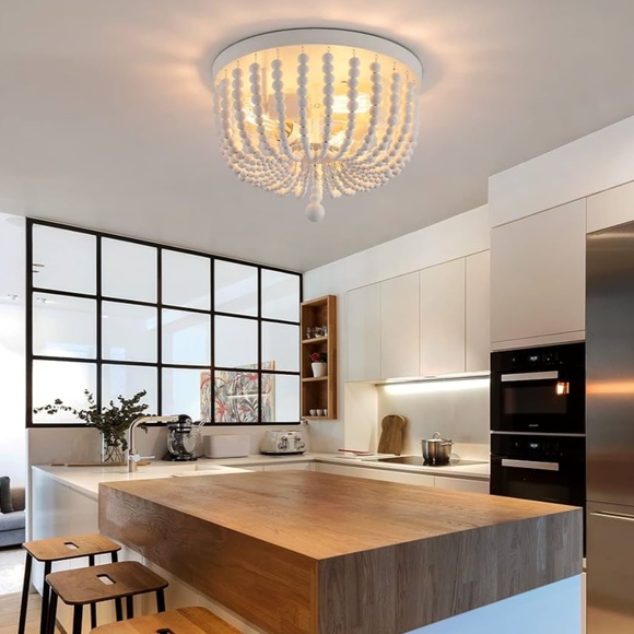 Light Fixture Ceiling Flush Mount White Wood Beaded Vintage Boho/Farm Style - Picture 5 of 9